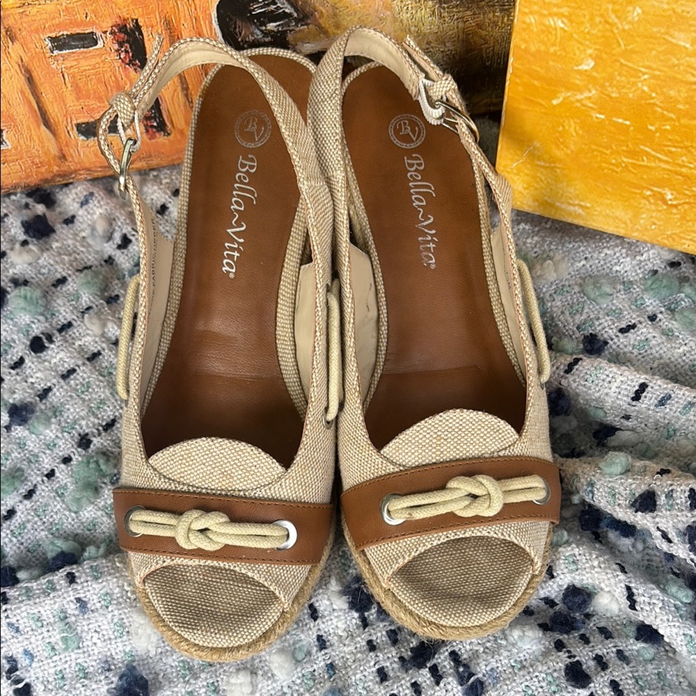 Bella Vita Tan and Cream Espadrille Wedges with Rope Detail